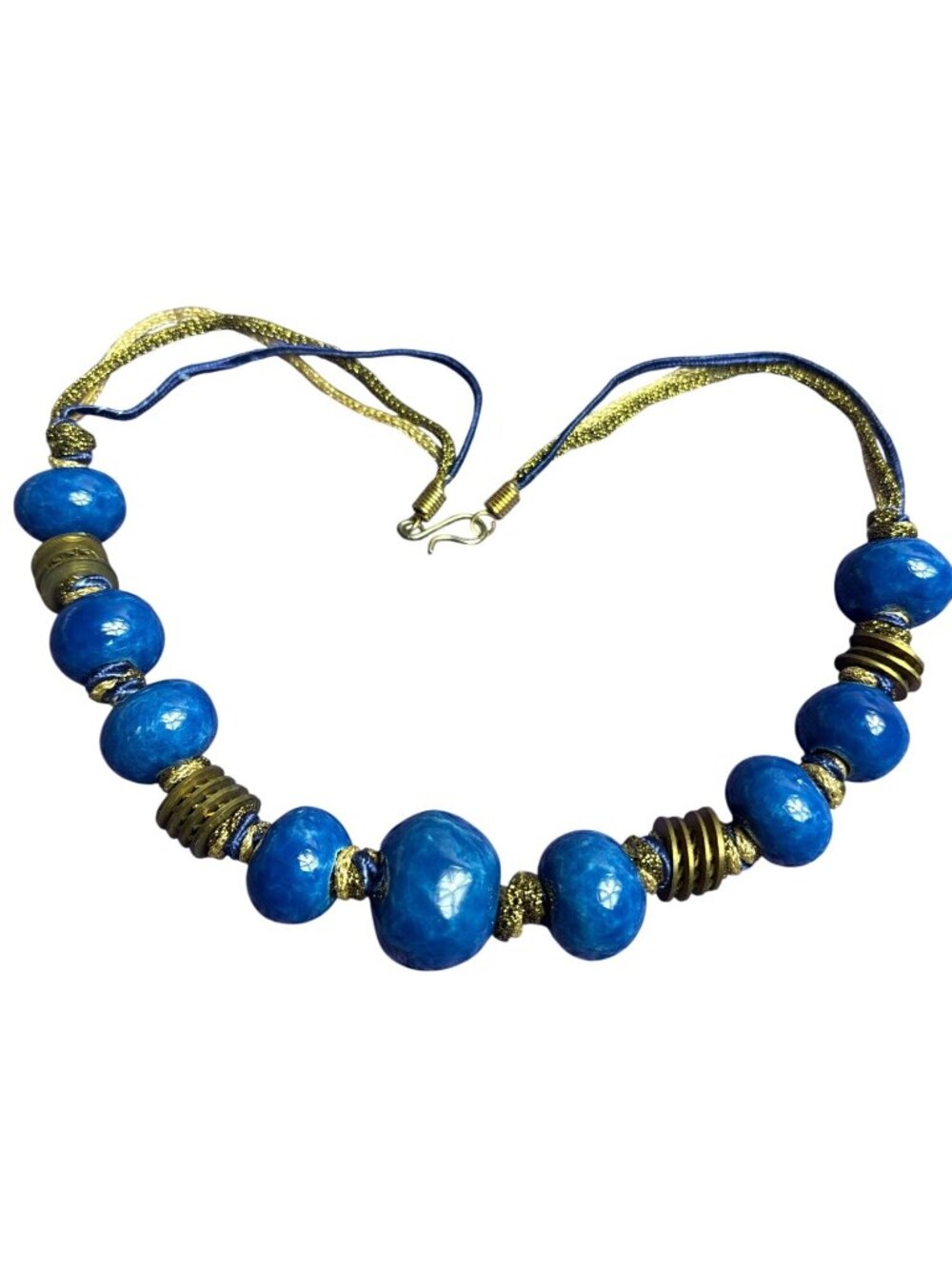 Vintage Blue Ceramic Beaded Necklace Goldtone Metal 3 Strand Cord Hook Clasp 20"